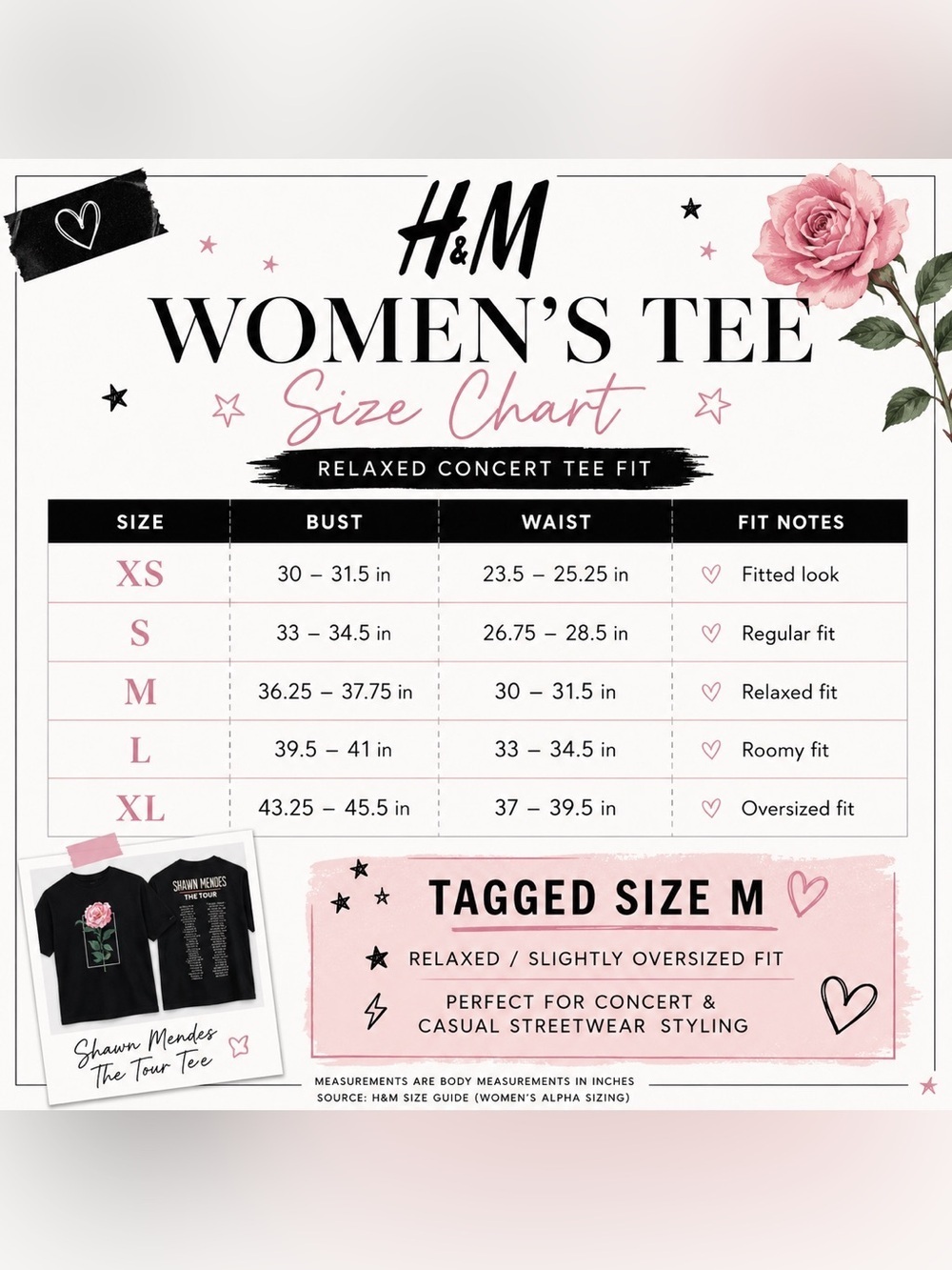 SHAWN MENDES X H&M 2019 The Tour Rose Graphic Tee Sz M Concert Merch Band Fan - Picture 10 of 16